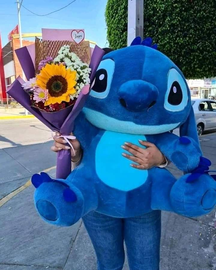 Pelúcia Stitch com buquê de girassol